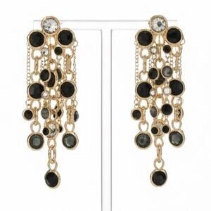 Black Crystal Chain Fringe Drop Earrings Gold Tone Statement